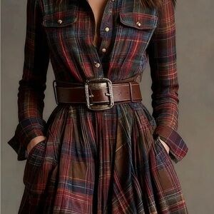 Plaid Long Sleeve Dress with Belt